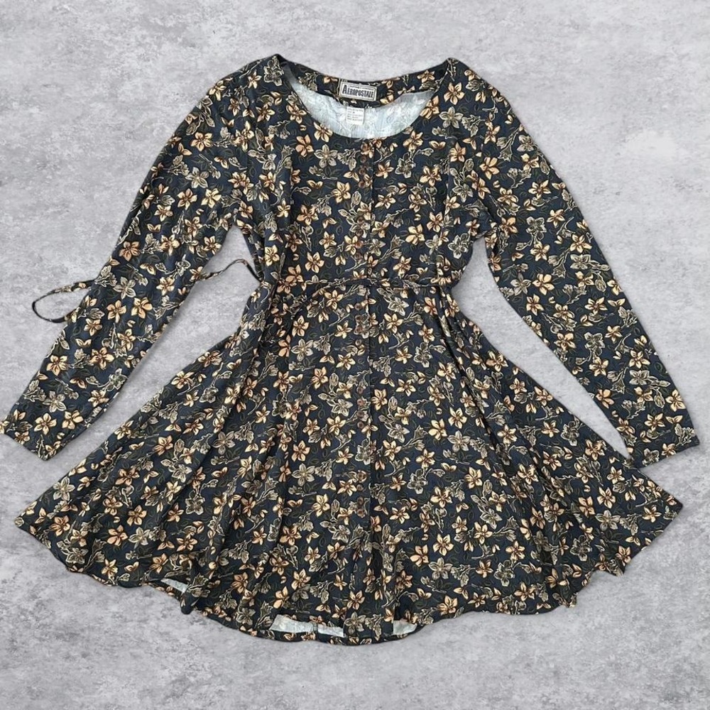 Vintage Aeropostale Compagnie Generale Floral Button‎ Front Tie Back Dress Fairy